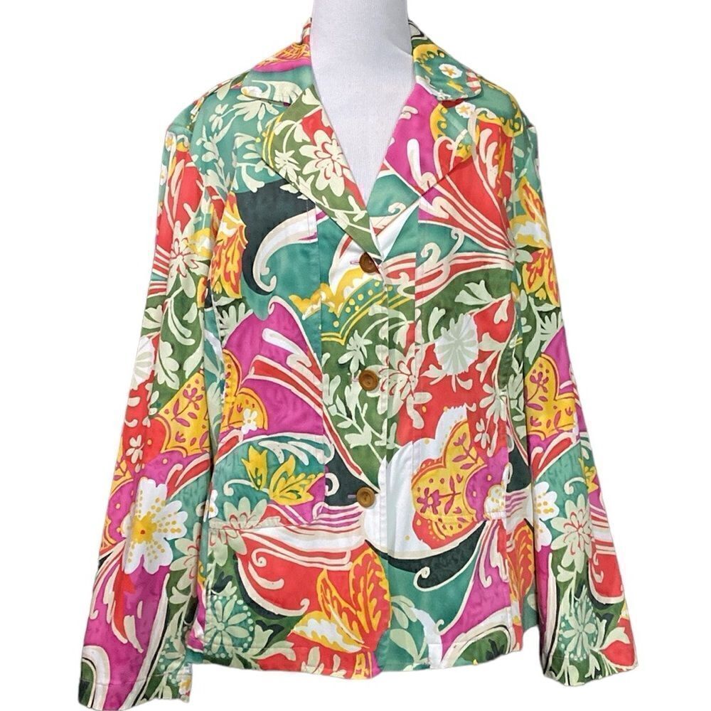 Coldwater Creek Floral Bright Colored Button Up Jacket Stretch